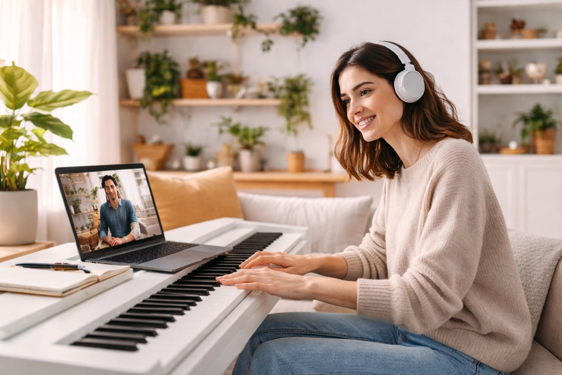 Woman learning piano online from home with personal live music lessons on musidoo