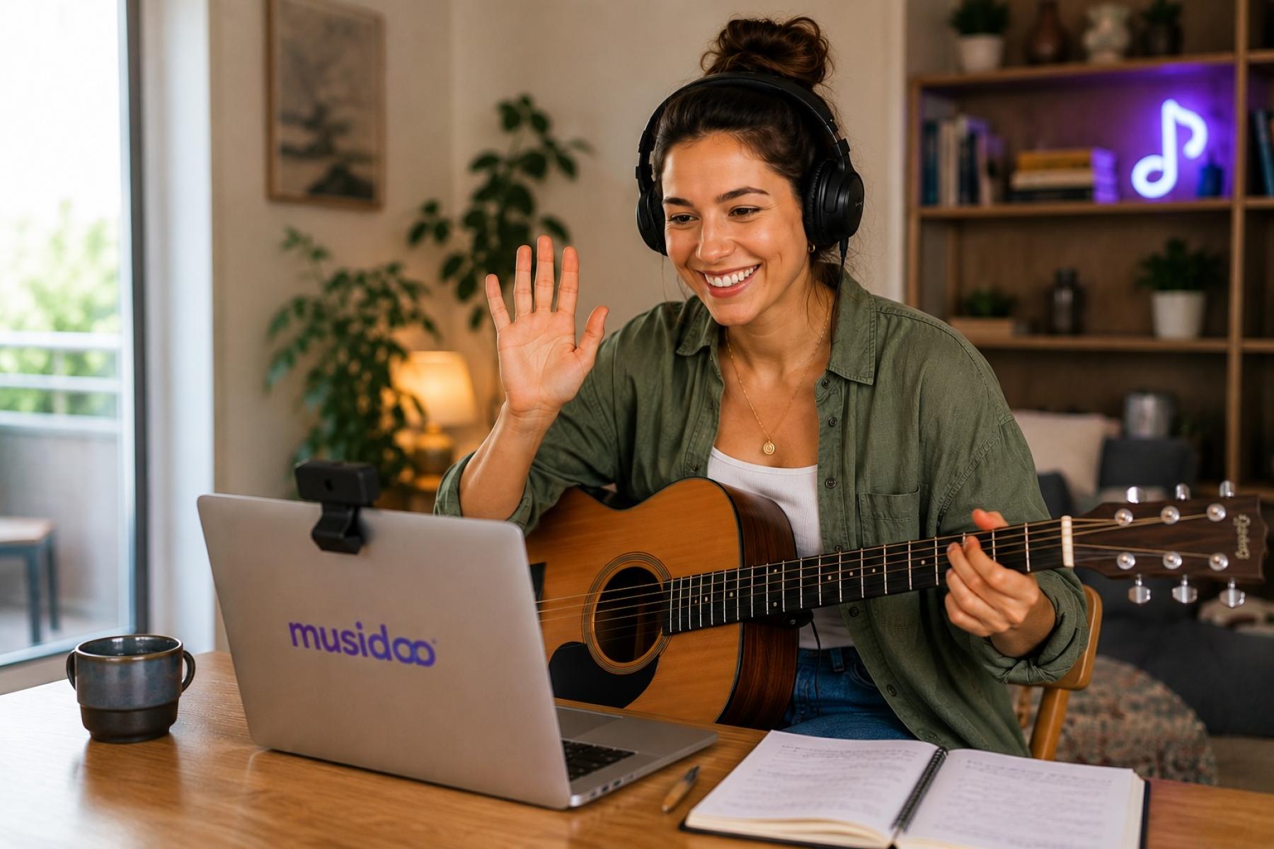 Friendly music teacher giving a live online guitar lesson via video call. Personal one-to-one music lessons with musidoo – flexible, individual and accessible from anywhere.