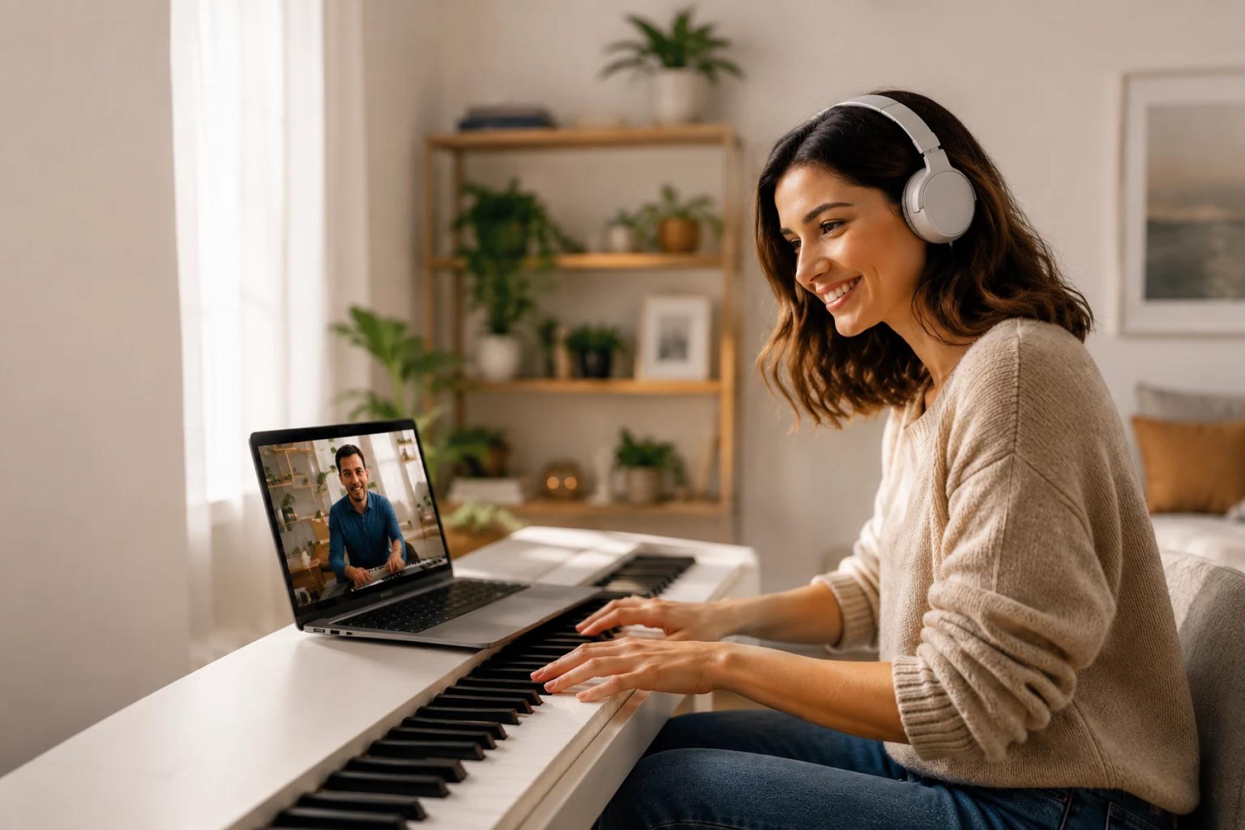 Online music lessons from home: a woman learning piano live with a personal music teacher.