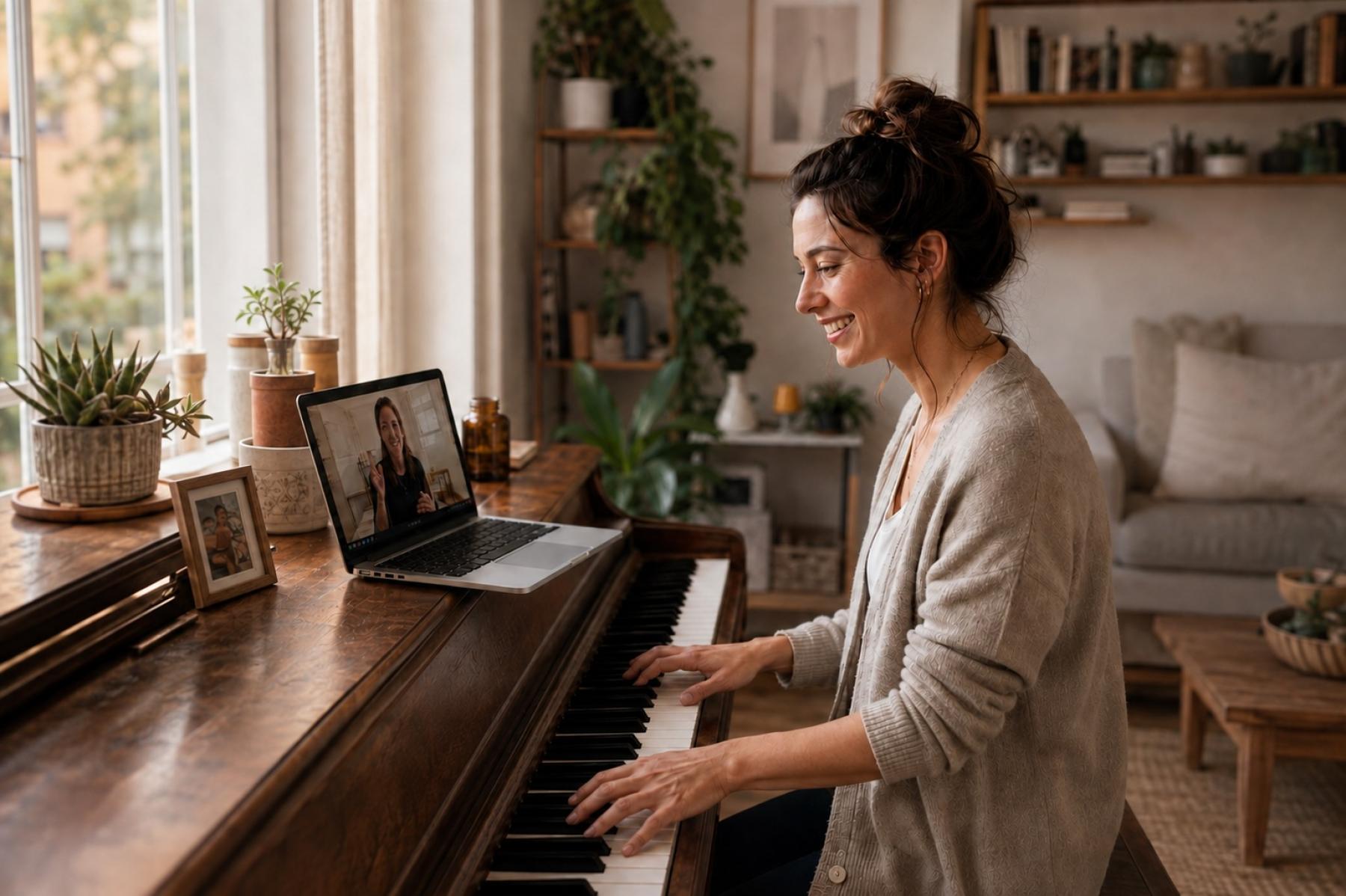 Student taking a personal live online piano lesson at home with a music teacher on a laptop
