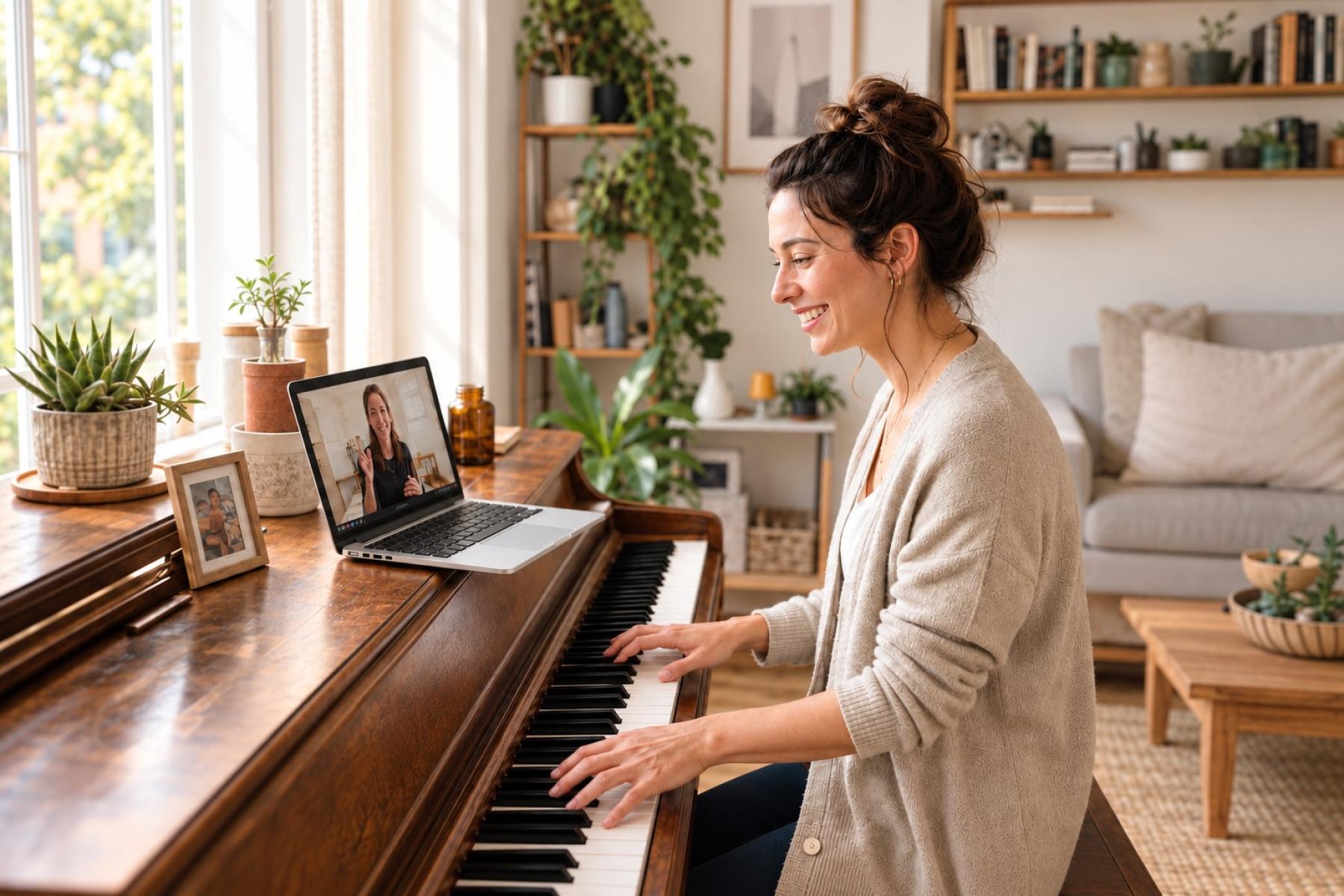 Student taking a personal live online piano lesson at home with a music teacher on a laptop